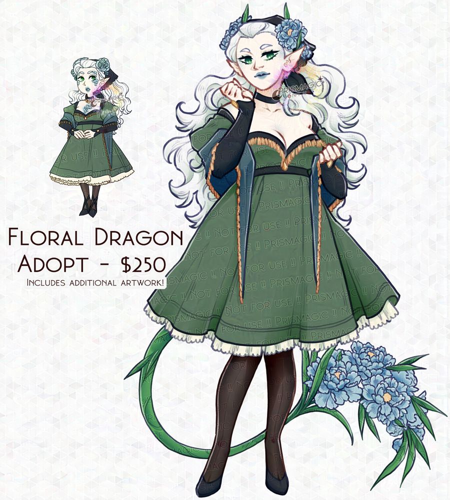 A full body design of a draconic character with long white hair and green eyes. She has flowers growing from behind her ears and has a tail with peonies growing on it.