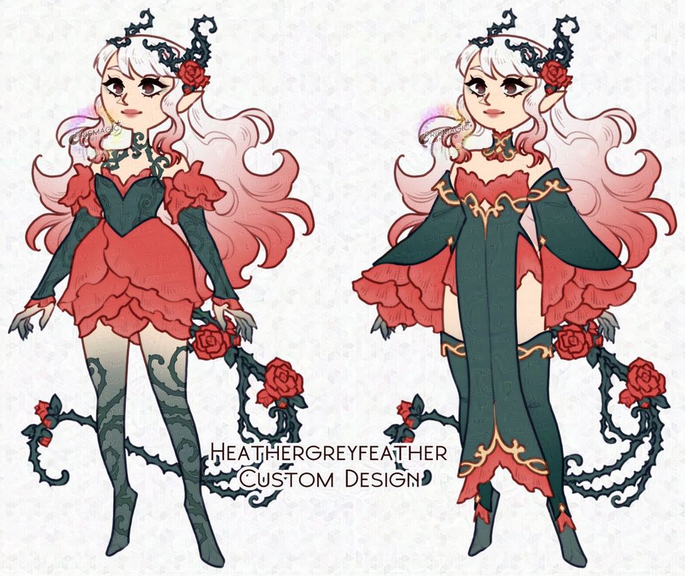 A custom design of a pale skinned dryad woman with white and pink hair. She had thorn horns and a tail, both of which have roses growing off of them. The first outfit is a bell shaped rose dress, while the second is a petal dress covered in a leaf jacket.