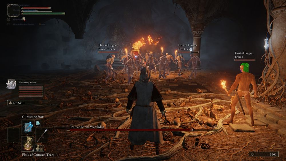 A screenshot from elden ring. It's the watchdog boss fight with like 20 noble spirits crowding around it.