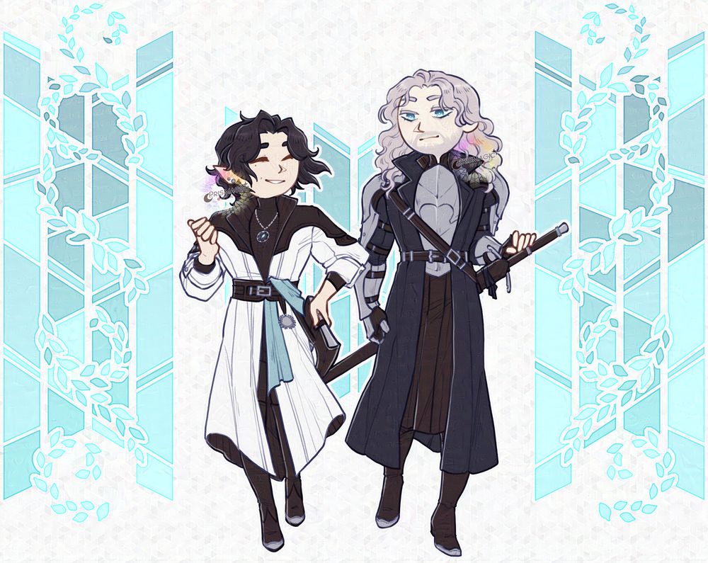 A chibi drawing of two paladins walking together. The background is a stained glass motif with bright blue laurels wrapped around them.