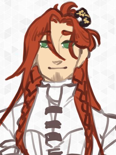 A drawing of a man with kind green eyed and long ginger hair.