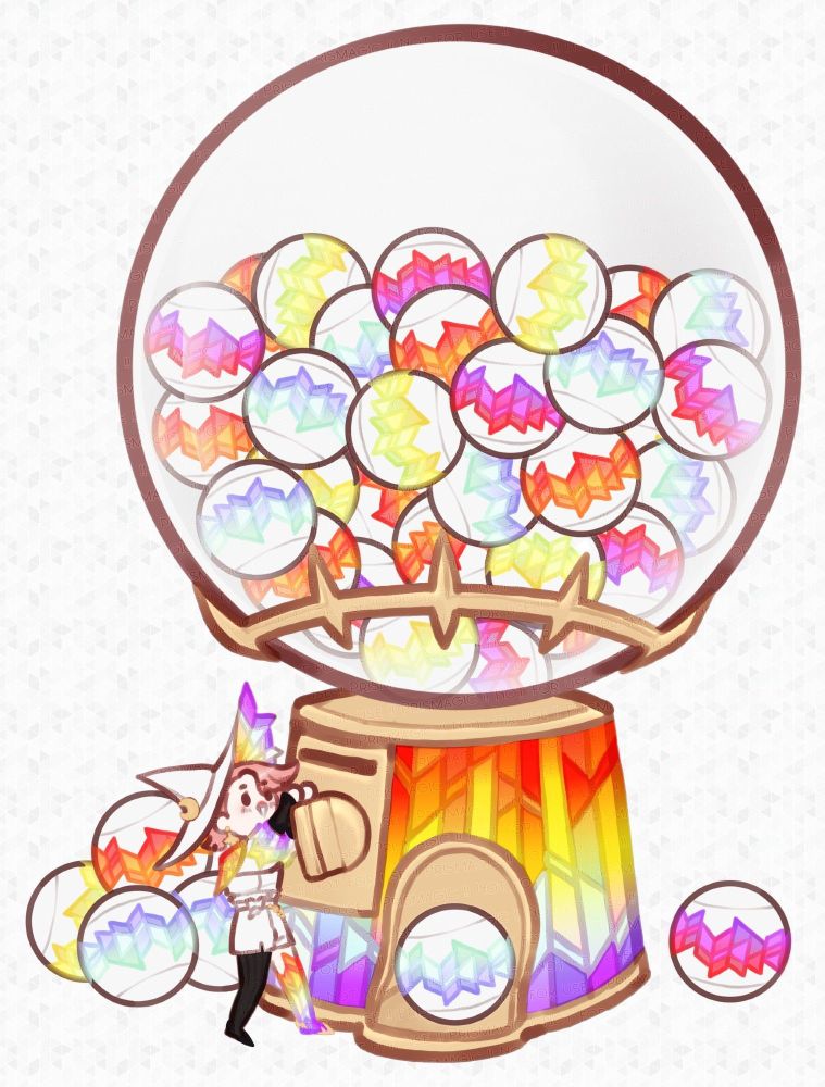 A little doodle of a small witch with pink hair pulling the knob on a little gachapon machine.