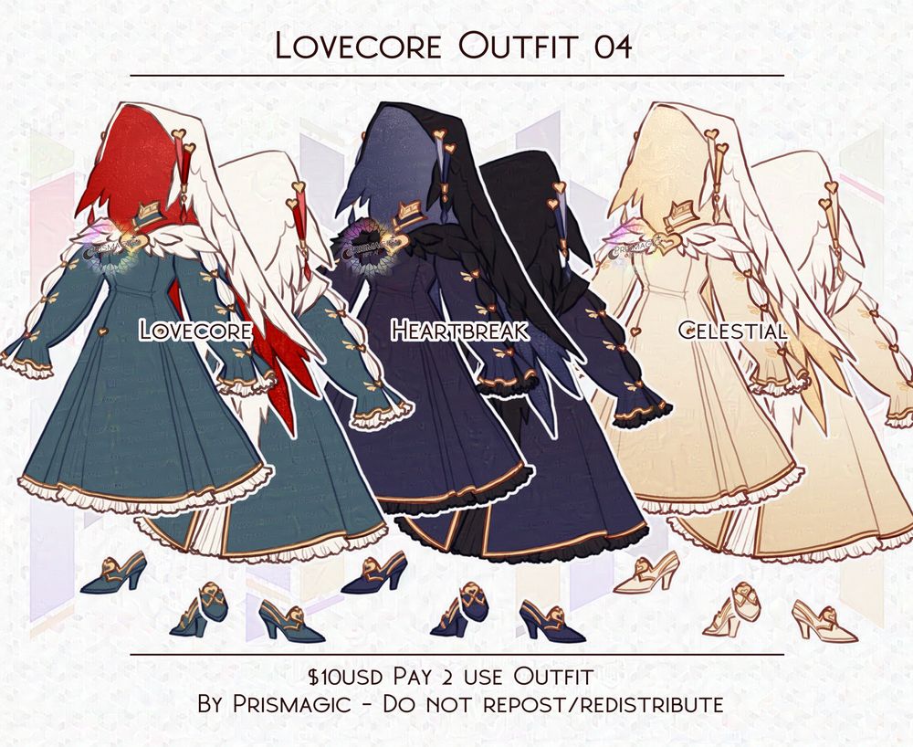 A lovecore/Valentines day themed nun habit. It has a long angelic wing themed veil. It comes in three different colour palettes; yellow (named celestial), purple (named heartbreaker), and red & teal (named lovecore).
