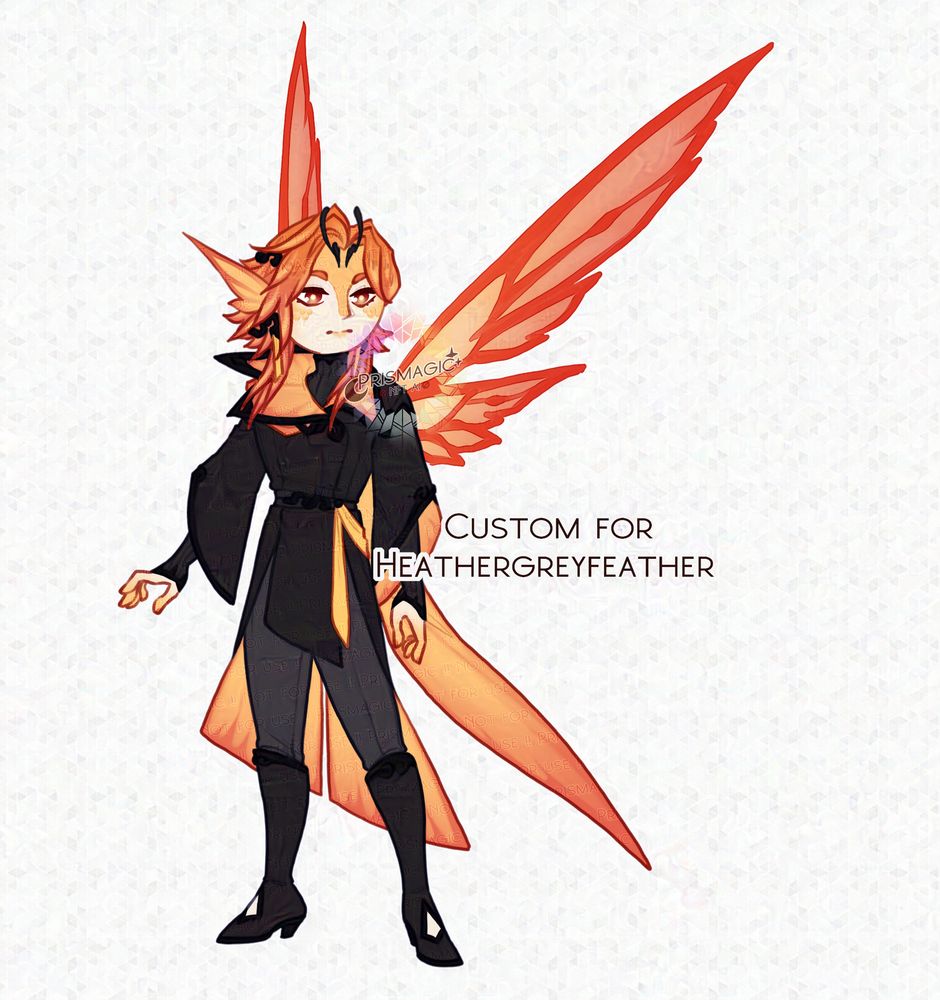 A chibi drawing of an orange fairy character with scale-like hair. They wear a black and orange jacket, and knee height boots. They have orange wings.