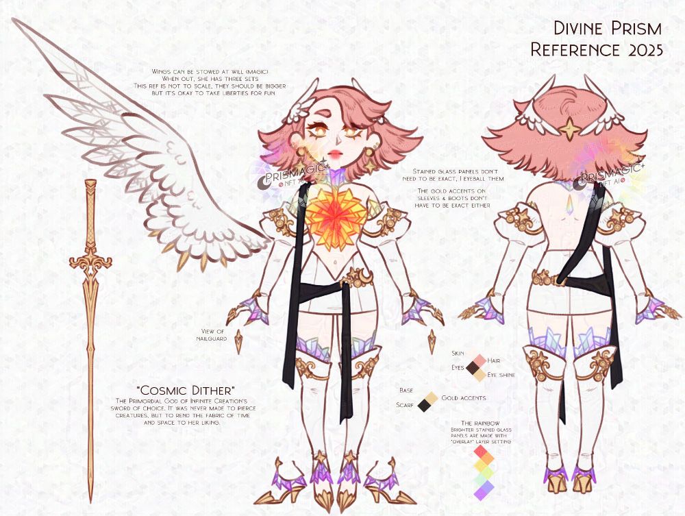 A reference sheet of a pale skinned, gold eyed, pink haired angel. She wears a rainbow stained glass top with accompanying white skirt, gloves, and boots. She has gold claws on top of her gloves. To the left is a reference of her wings and a sword named "Cosmic Dither."
The transcribed text reads as follows:
-Wings can be stowed at will (magic). When out, she has three sets. This ref is not to scale, they should be bigger but it's okay to take liberties for fun.
-"Cosmic Dither" The Pirmoridal God of Infinite Creation's sword of choice. It was never made to pierce creatures, but to rend the fabric of time and space to her liking.
-Stained glass panels don't have to be exact, I eyeball them. The gold accents on sleeves & boots don't have to be exact either.