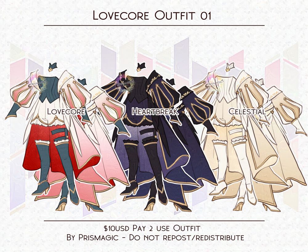 A frilly corset and shorts lovecore/valentine's themed outfit with a big off the shoulder jacket featuring wing attachments. It comes in three different colour palettes; yellow (named celestial), purple (named heartbreaker), and red & teal (named lovecore).