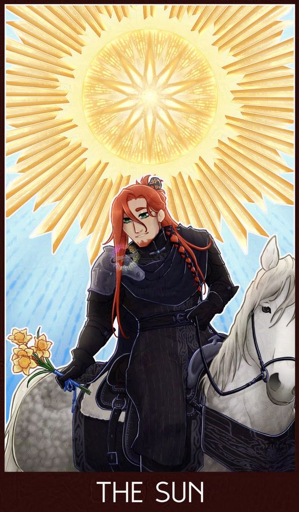 A mock sun tarot card featuring a ginger haired paladin. The background is a blue sky with a radiant gold sunburst. The paladin rides a dappeled grey percheron and wears a uniform in all black. He holds a bundle of daffodils with a smile.