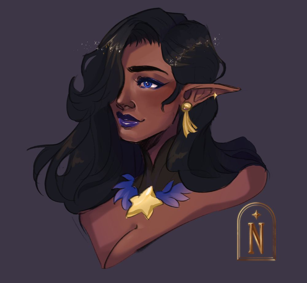 A bust of a dark skinned woman with long flowing black hair and elf ears, drawn by Nykki!