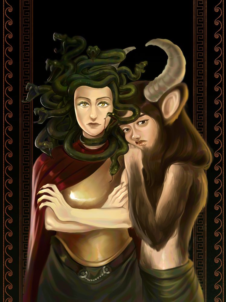 A colored, rendered waist up commission of two women. On the left is a Medusa, staring straight forward with a solemn expression. Her skin is pale, her eyes are golden with slit pupils and the snakes of her hair are dark green. One of the snakes is wrapping itself around her throat and another has drawn blood on her cheek. Beside her, leaning in toward her shoulder is a satyr woman with dark hair over her ears, chest, arms, back and chin. She looks reserved and slightly sad. The Medusa is wearing a gold breastplate and a red cloak over her left shoulder. Both women have green fabric draped around their waist. Along the sides of the art is a frame with a wave design, orange ish on a very dark red, inspired by Greek designs