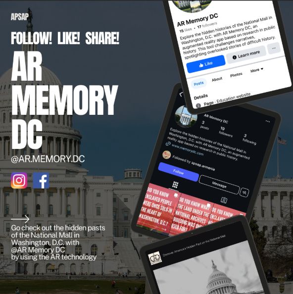 Mobile phone’s screen showing the account of ar.memory.dc, with photos of the National Archives and the White House in the background