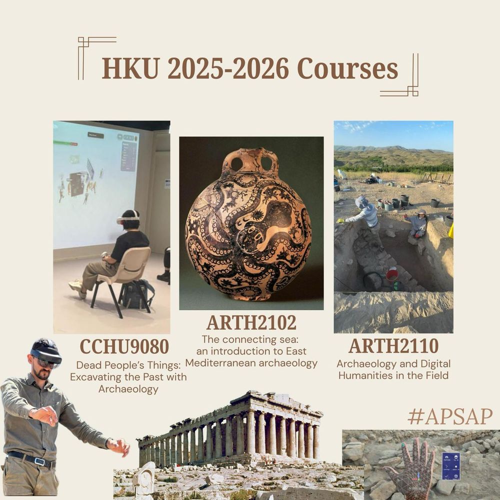 2 Photos of students wearing VR headsets, photos of Minoan pottery, Parthenon and an excavation site in Armenia