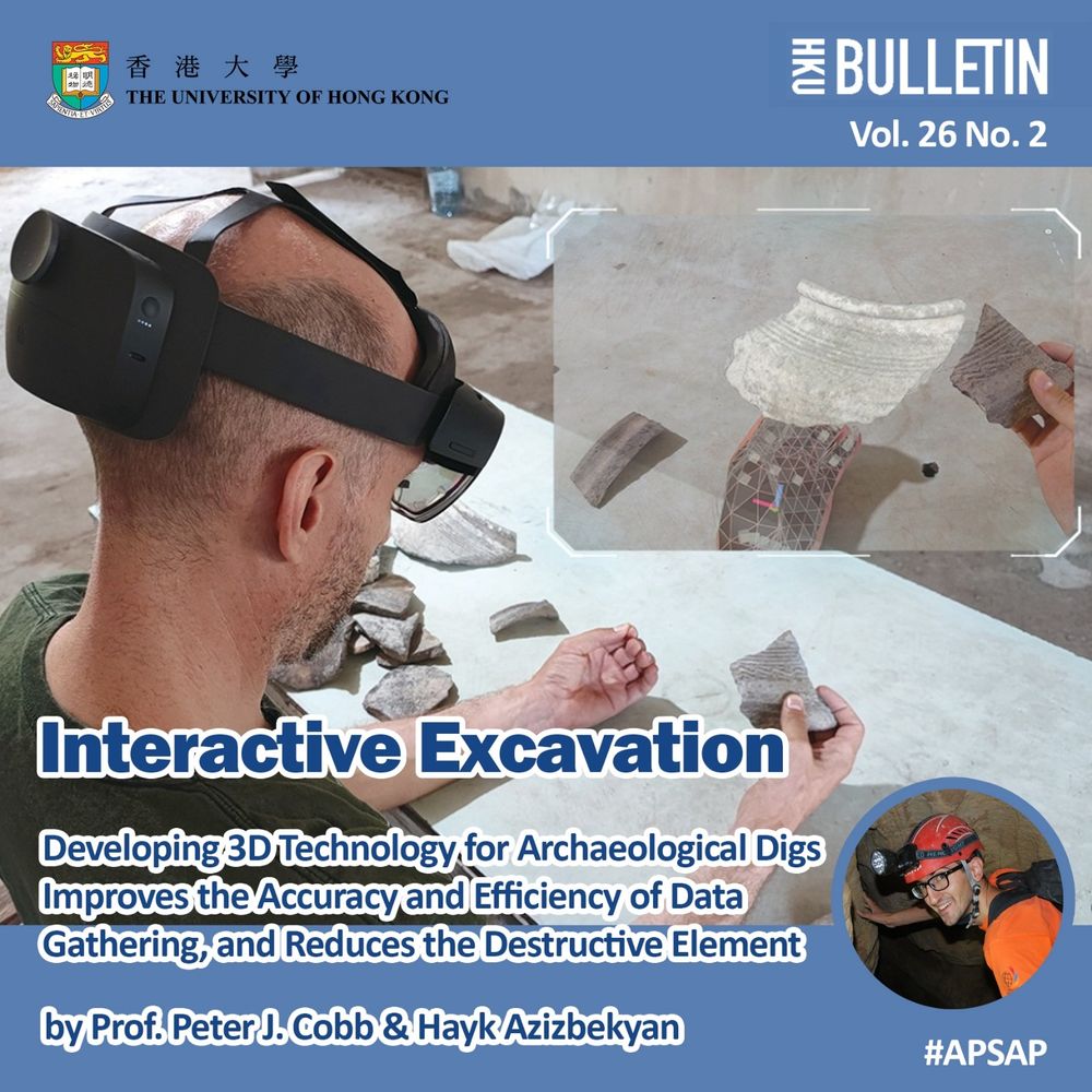 Photo of an archaeologist comparing the 3D model of a virtual pottery sherd with an adjoining real sherd using a MR headset