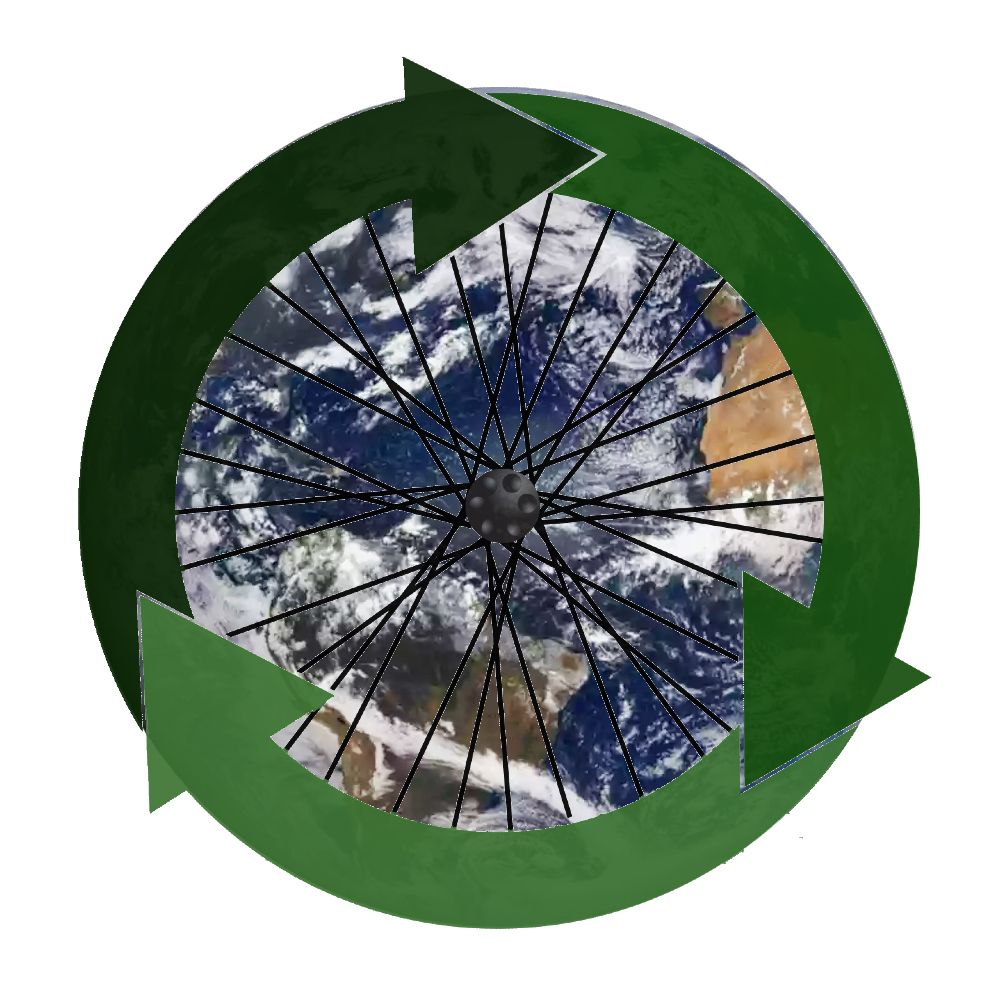 ReBcycle logo (three arrows similar to the recycling logo surrounding a bicycle wheel) set over a photo of the Earth (for Earth Day, celebrated on April 22)