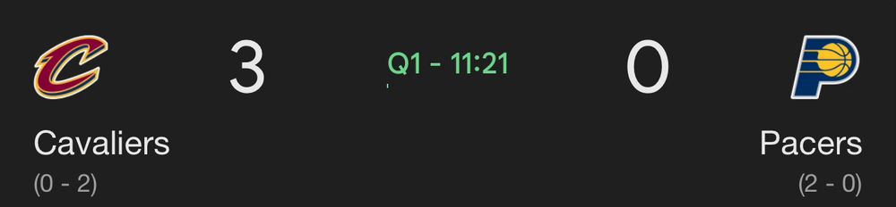 A screenshot of Cavs versus Pacers score. The Cavs are up 3 to 0