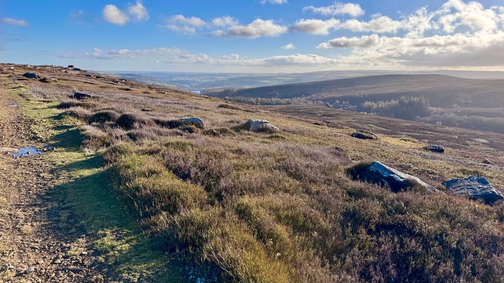 Beautiful view over moors and woodland, with a hint of fields and reservoirs in the distance