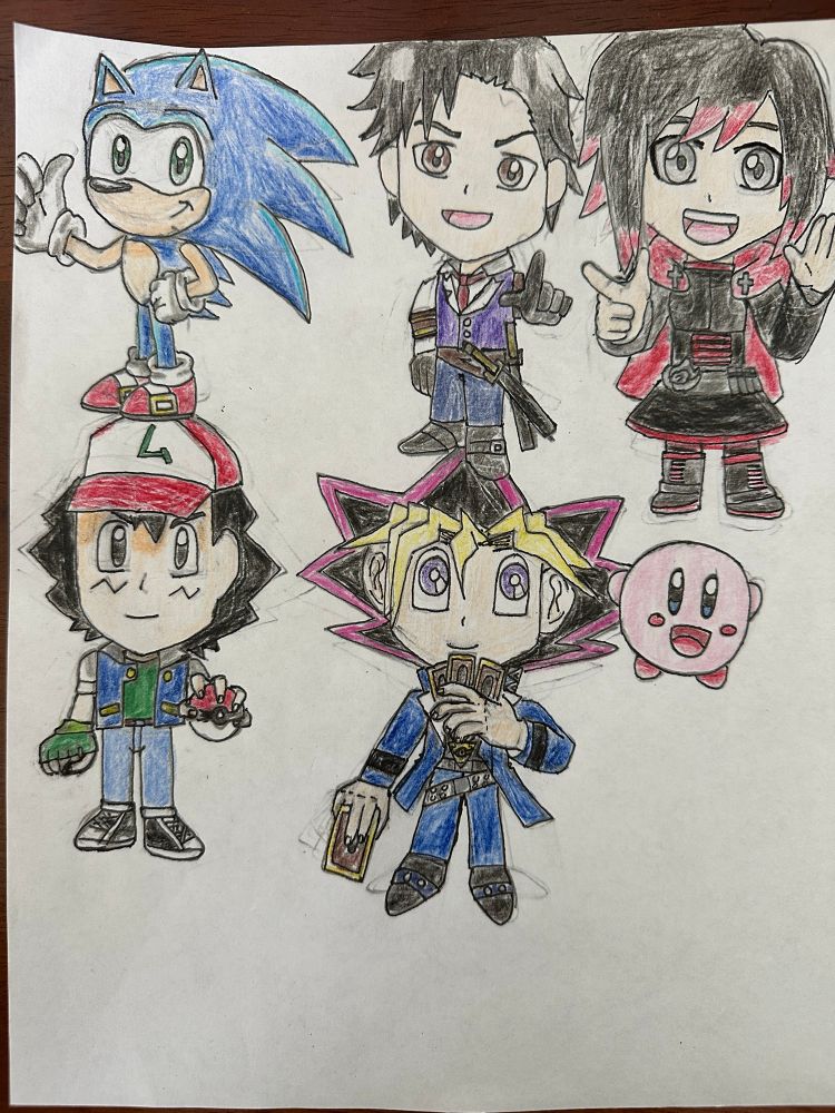 Chibi versions of Sonic, Seijuro Kamiyama, Ruby Rose, Ash Ketchum/Satoshi, Yugi Mutou and Kirby