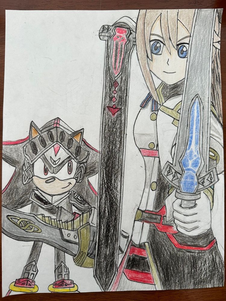 The Lancelot from Sonic and the Black Knight is Shadow the Hedgehog’s Arthurian counterpart. He resembles Shadow, but wears black and gray armor with his visor up, complete with armored Air Shoes. He wields his sword Arondight. The Lancelot from Sakura Wars is an English girl with grayish brown hair tied in a ponytail with a ribbon, blue eyes, peach skin and wears a uniform of black with white in the center with gold buttons. The uniform has gold and red outlines, white sleeves and gloves with gold bracelets with a cyan line in the center. Lancelot dual wields her swords, Arondight (a silver sword with a blue grip) and Aronblight (a black sword with a red grip).