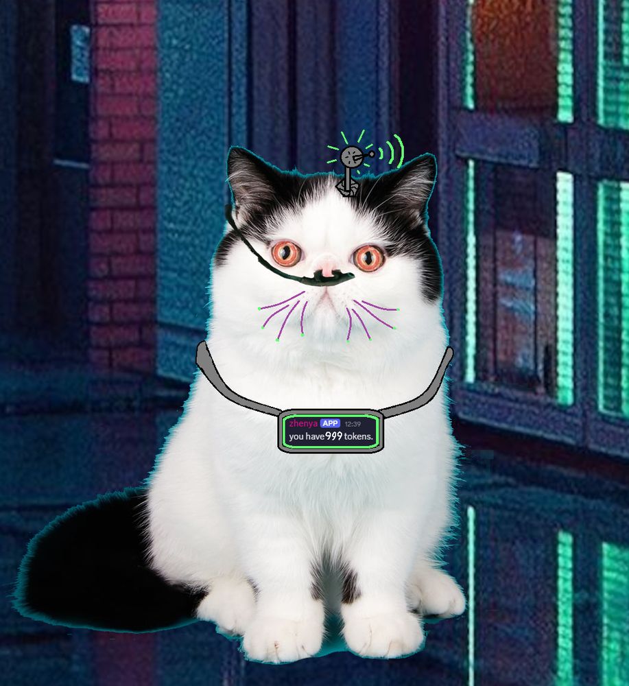 White fluffy cat with black tail, against a cyberpunk street backdrop. The cat has the following cybernetic enhancements: purple whiskers, enhanced glowy eyes, a still suit nose piece from Dune, and a collar displaying an in-fiction currency (999 tokens)
