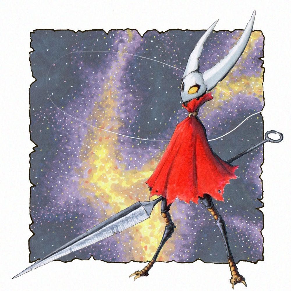 Markers and ink drawing of Hornet from the indie video game Hollow Knight.