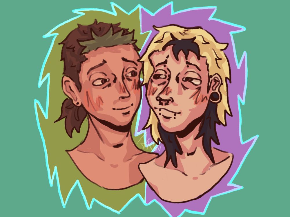 Fargo and his futur boyfriend (which doesn’t have a name for now) looking at each other with love while blushing 