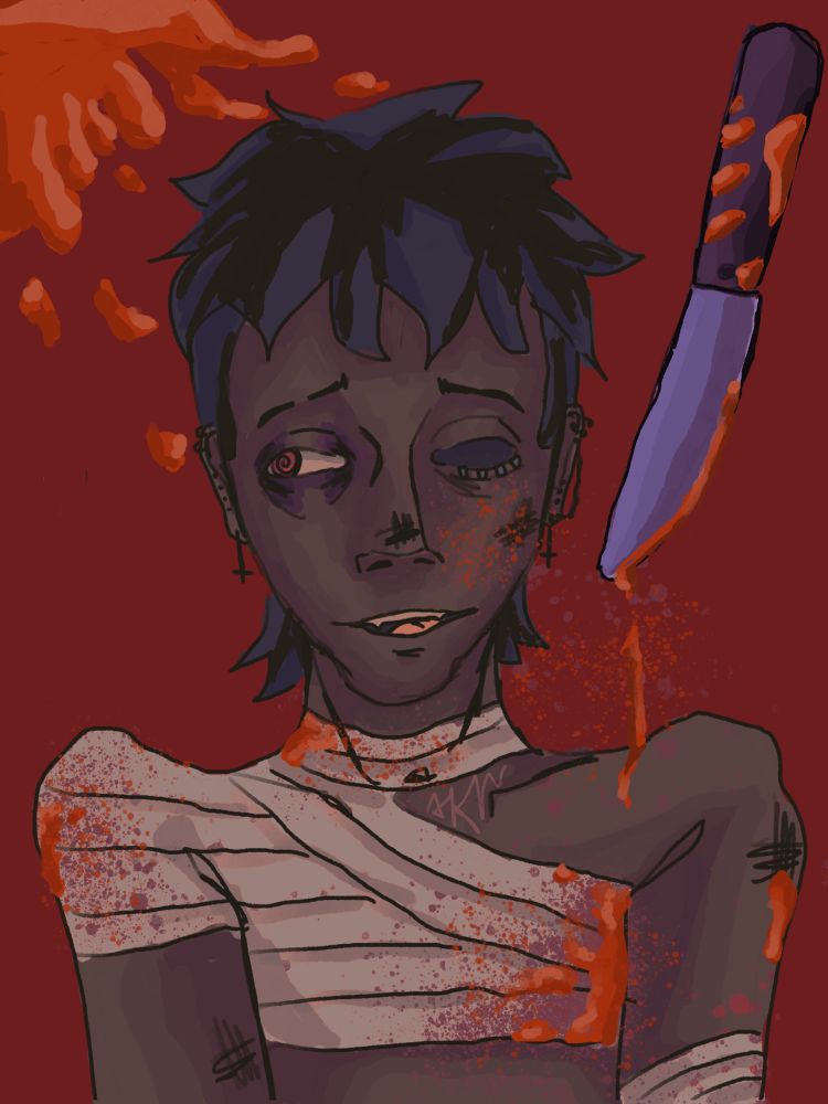 A skinny boy with bandages, a missing eyeball and blood over his body
From 2025