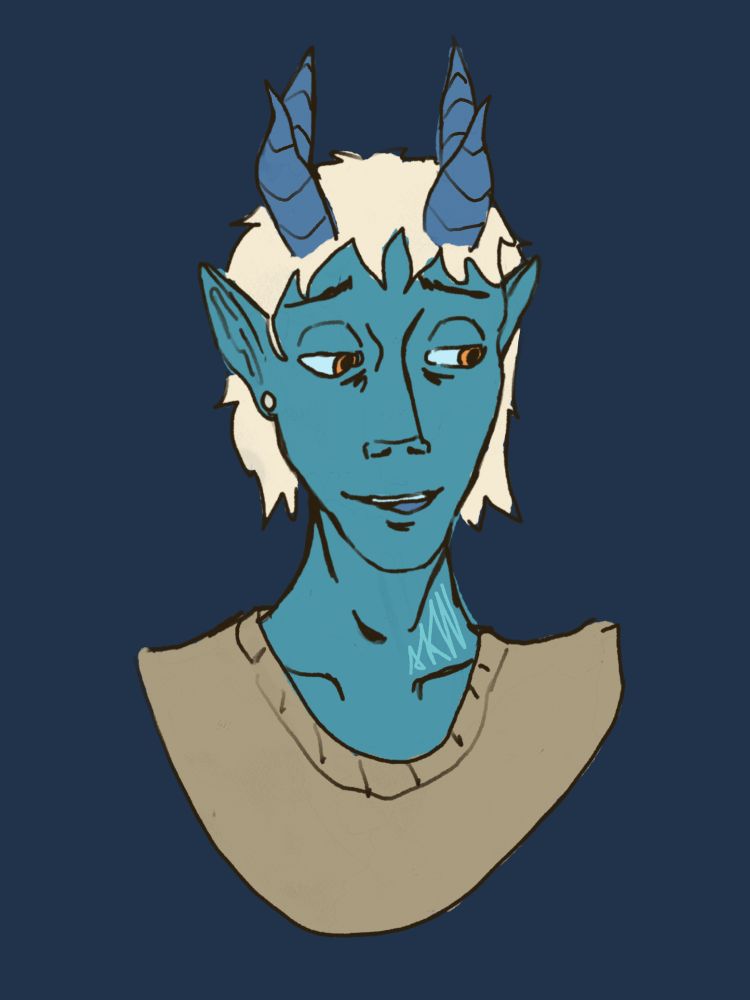 Blue demon with blue horns and white hair