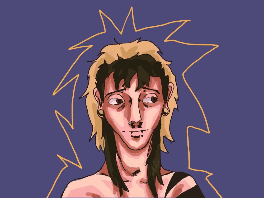 A human with some piercing and blond and brown hair 
He has a tattoo on his left arms 