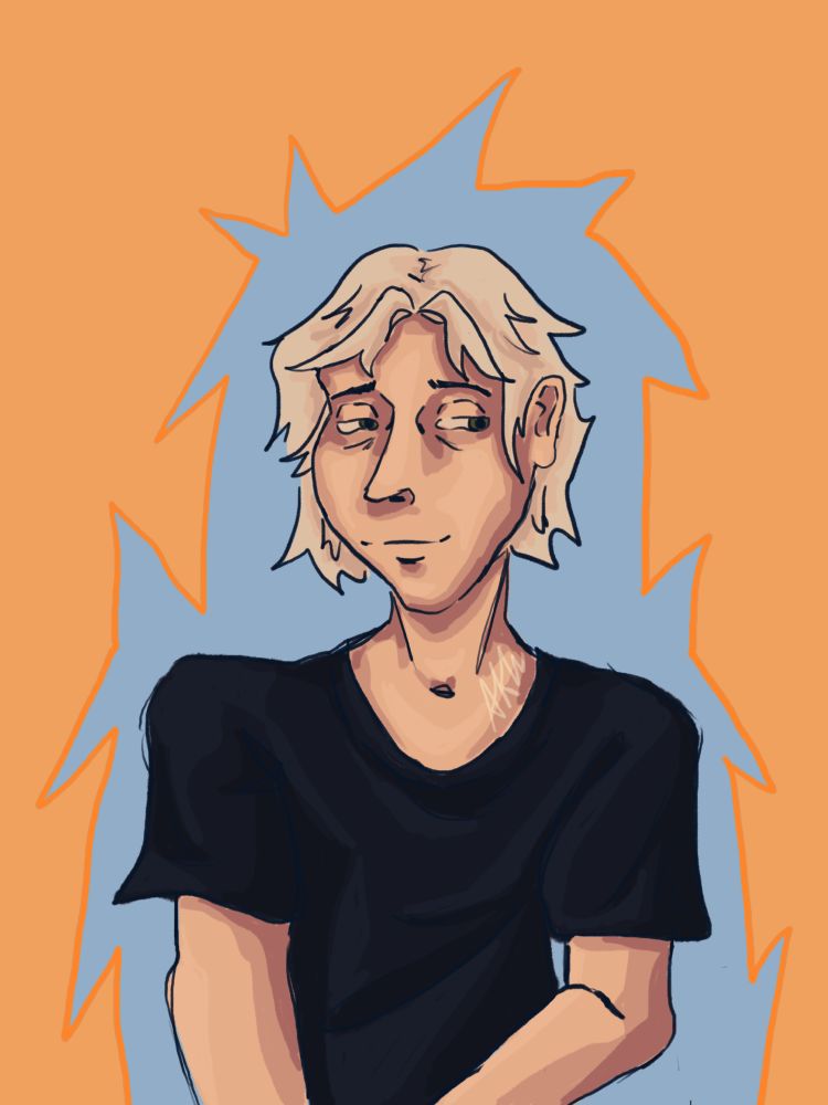 A guy with white hair and a black t-shirt 
On the background there a blue aura with spikes