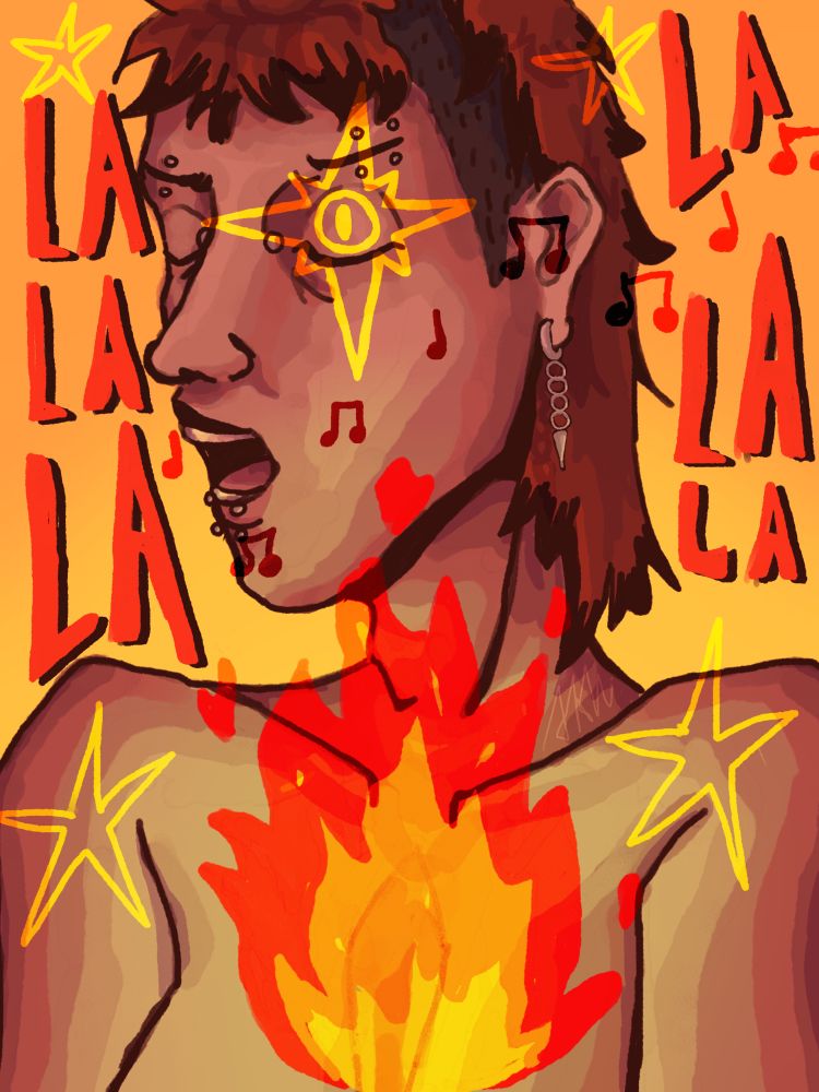 A person singing with a flame near her heart, and a trust (symbol belonging to Niko) on top of her close eye
There some stars all around him and some "lalalala" lyrics