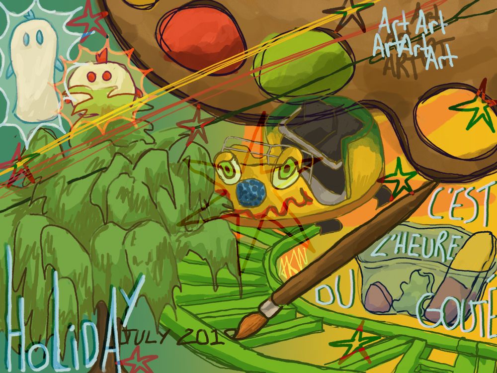 Overexposed drawing with a weeping willow, two ghostly creature making some light, a merry-go-round with rails, a cup with some candies and a paint palette