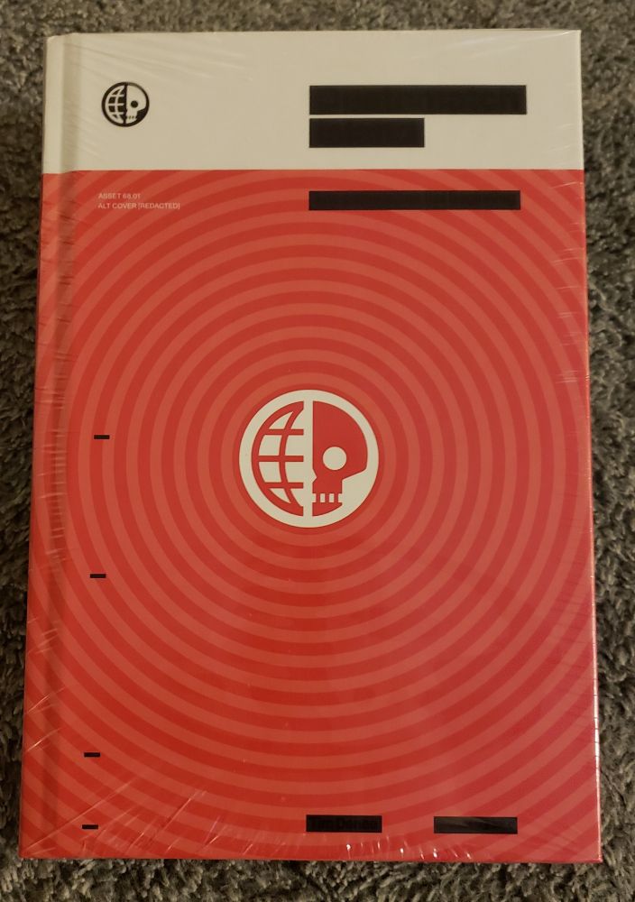 Deathmatch Island RPG book cover. The bottom 4/5ths of the book contains the logof a white circle bisected the left half circle is the left half of a world atlas icon and the right half circle is the right half of a skull. Radiating from the circle are light and dark orange circles, similar to a traditional hypnotic pattern.
The top 1/5th of the book is white, the top left contains another logo - this one small and black. The left side has 3 black bars. The bars are actually the redacted Title of the book and author's name.  