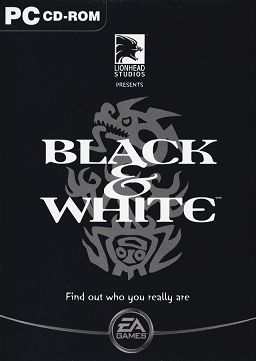 cover art from Black & White video game. Mostly black background with gray art in showing a creature that has a draconic head on top and an upside down person's head on bottom. If the picture was flipped upside down the persons head would be right side up at the top. 
