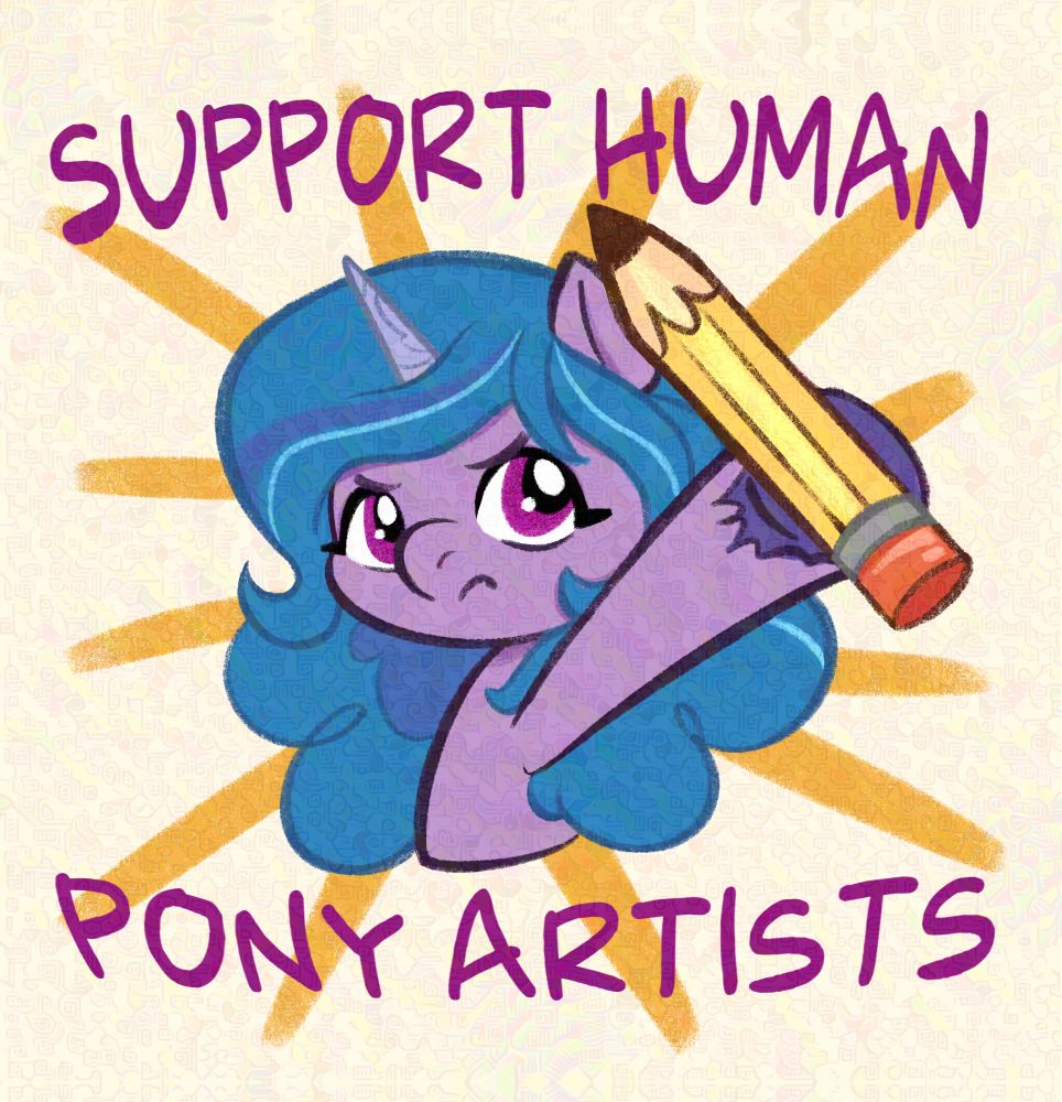 Izzy Moonbow from My Little Pony a new generation holding up a picture. Text on the page say “support human pony artists”