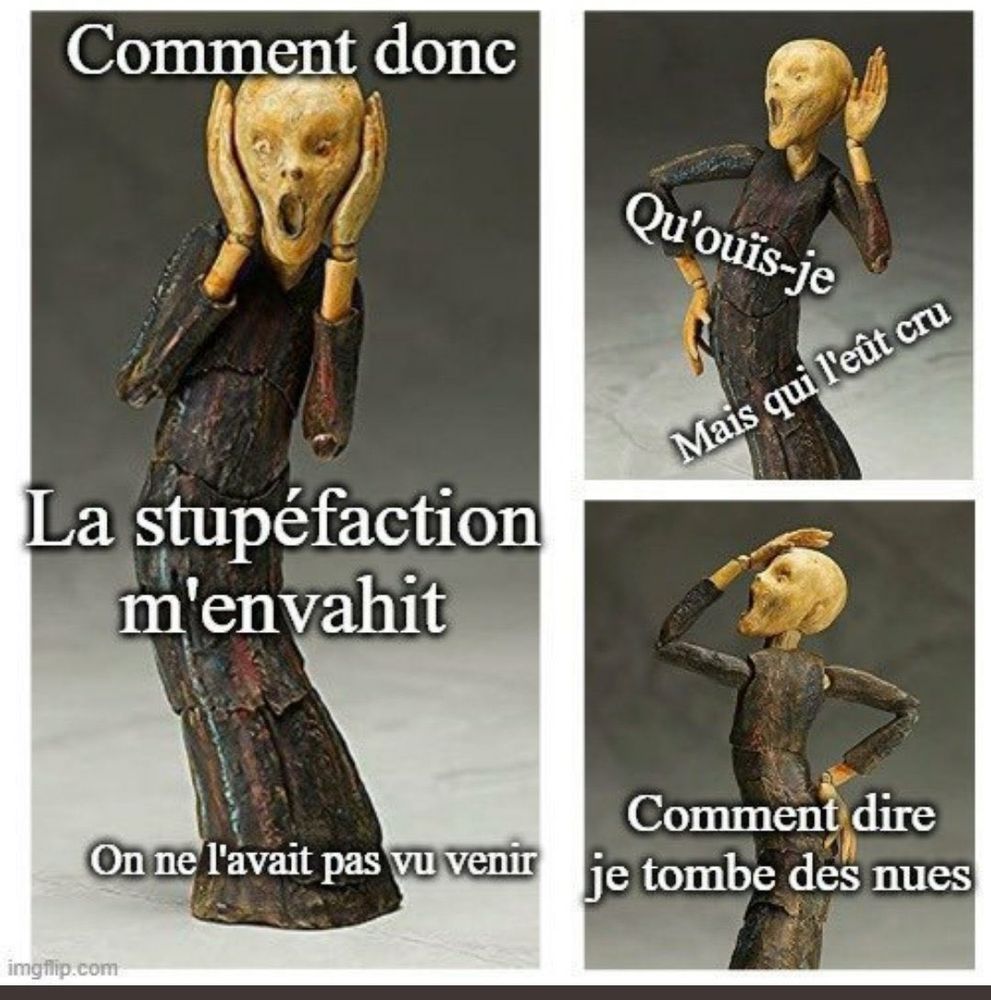 Une statue mimant différentes postures de l'etonnement de manière exagérée