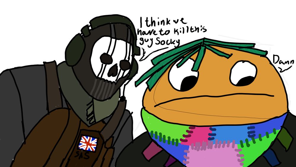 A digital drawing of the Call Of Duty character Simon "Ghost" Rippley sayin "I think we have to kill this guy" to the Call of Duty Modern Warfare 3 skin "Socky", who in turn replys with "Damn"