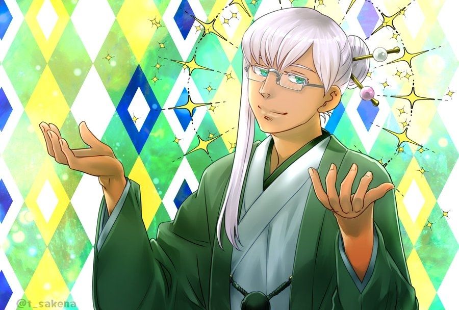 褐色銀髪の和装男性。