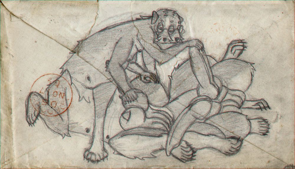 a sketch of a border collie taur with two muzzles laying on his back and side as he reaches for his genitals using his four arms. he has eight total legs across two taur bodies and a pair of dicks and balls between both his fore and hind bodies.