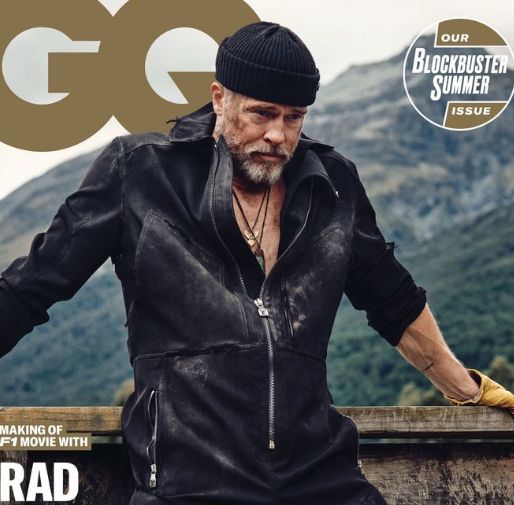 Brad Pitt on the cover of GQ magazine. He's dressed in a black jacket open at the chest, and a black beanie hat. He looks like a disappointed fisherman.