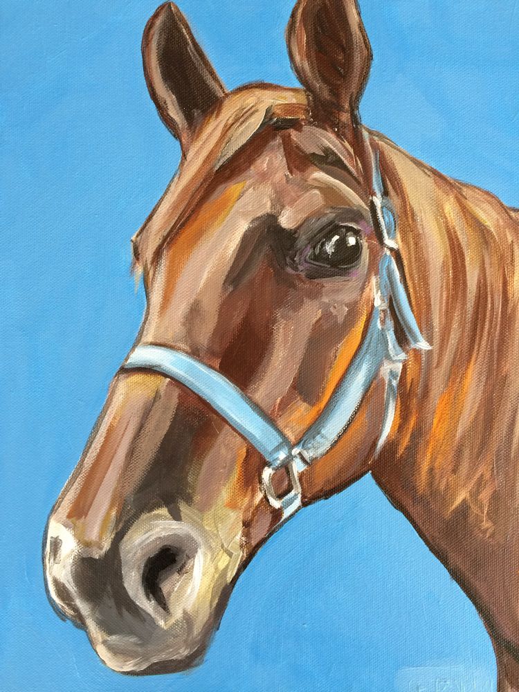 acrylic painting of a brown horse with a sky blue background 