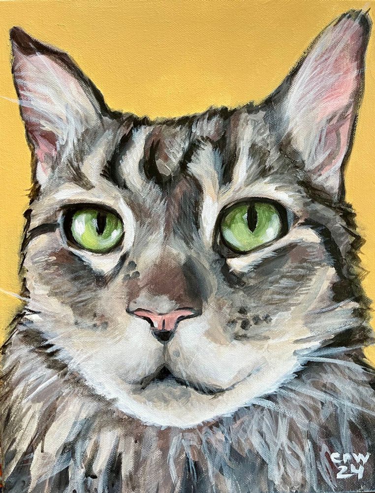 acrylic painting of a Maine coon with big green eyes