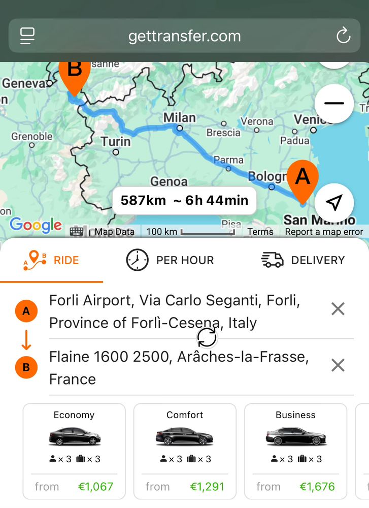 map showing 587km 6h44m journey from Forli to Flaine would cost from €1,067
