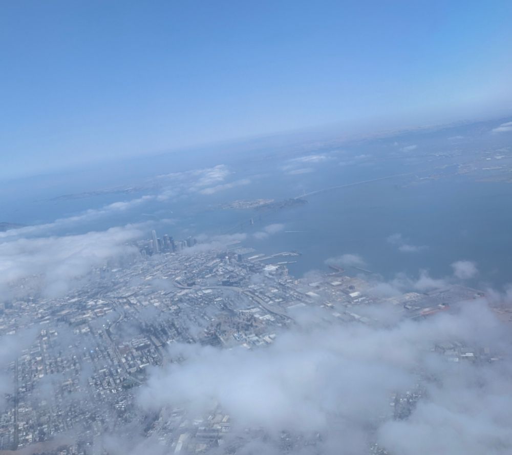An aerial shot of downtown San Francisco and the Bay bridge