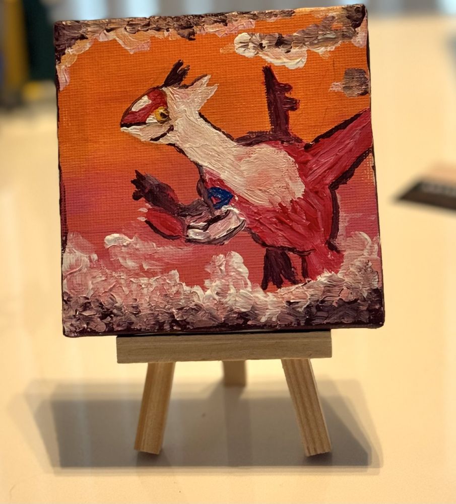 acrylic painting of latias surrounded by clouds. there is a sunset.