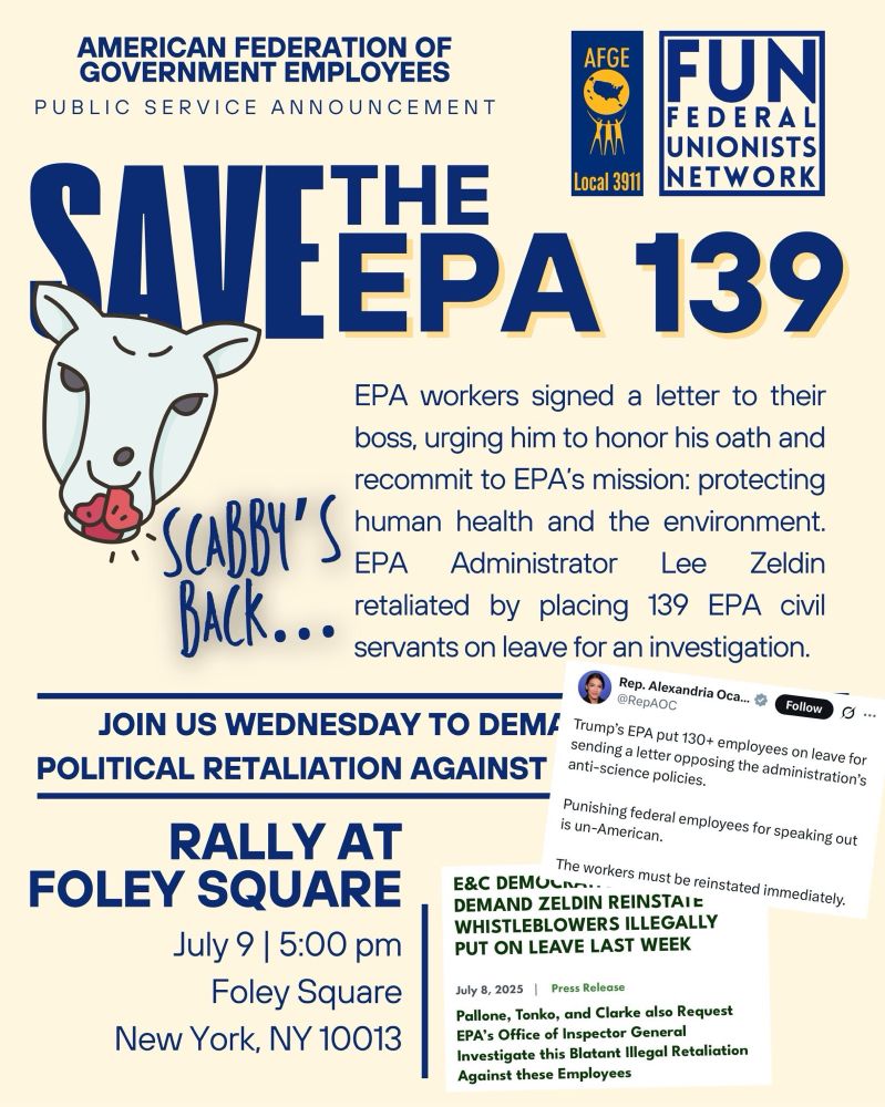 A poster describing the rally being hosted in NYC to support EPA workers undergoing retaliation. It’s at 5pm today, July 9 at Foley Square in Lower Manhattan. 