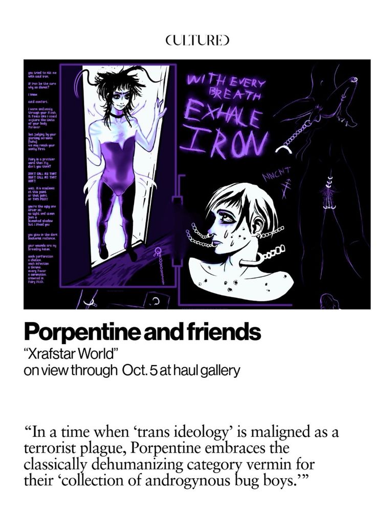 An image (digital drawing) by porpentine in a palette of black white and purple. It shows an “iron fairy” in the doorway on the left, addressing a pierced subject (head and shoulders only). 