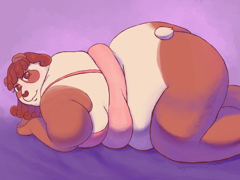 A fat brown and white panda girl lays on her front and is seen from the side, showcasing her fat rolls and butt. She is smiling towards the viewer