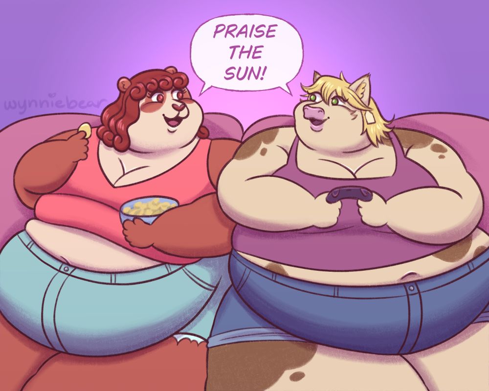 A fat brown panda girl and a fat kittycow girl sit next to each other on a couch. They are both saying "Praise the Sun!".