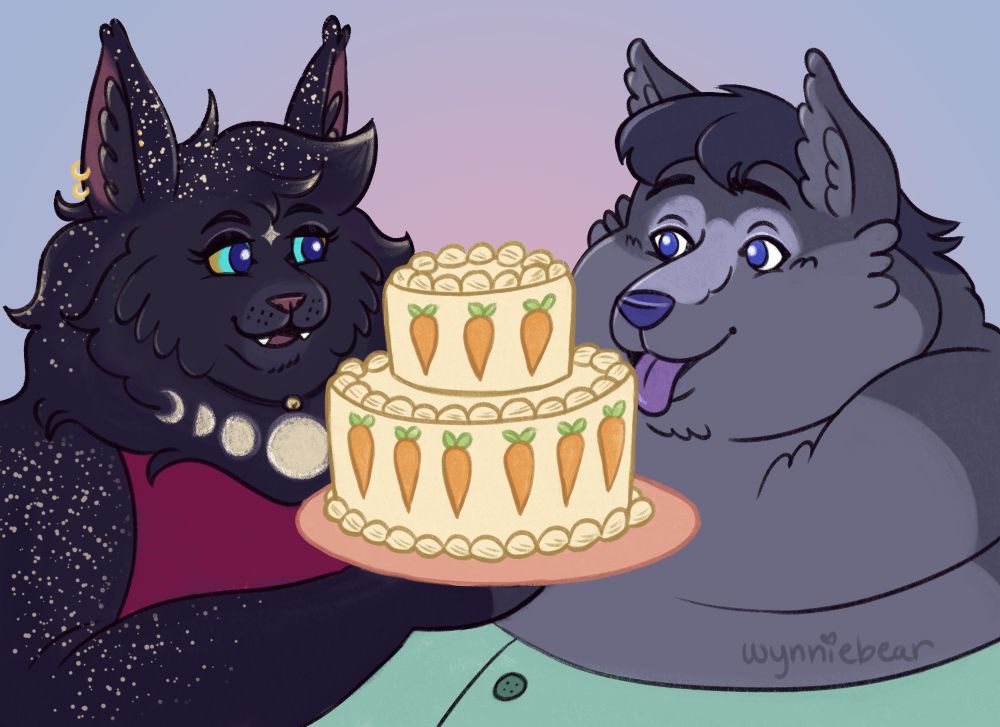 A black fluffy anthro cat with star and moon fur patterns is smiling while holding a two tiered carrot cake. Opposite her is a grey, fat anthro wolf with her tongue hanging out in excitement for this sweet treat.