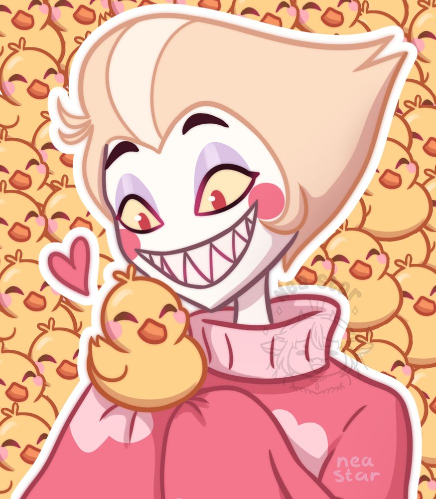 Close up of lucifer and the duck with a duck background 