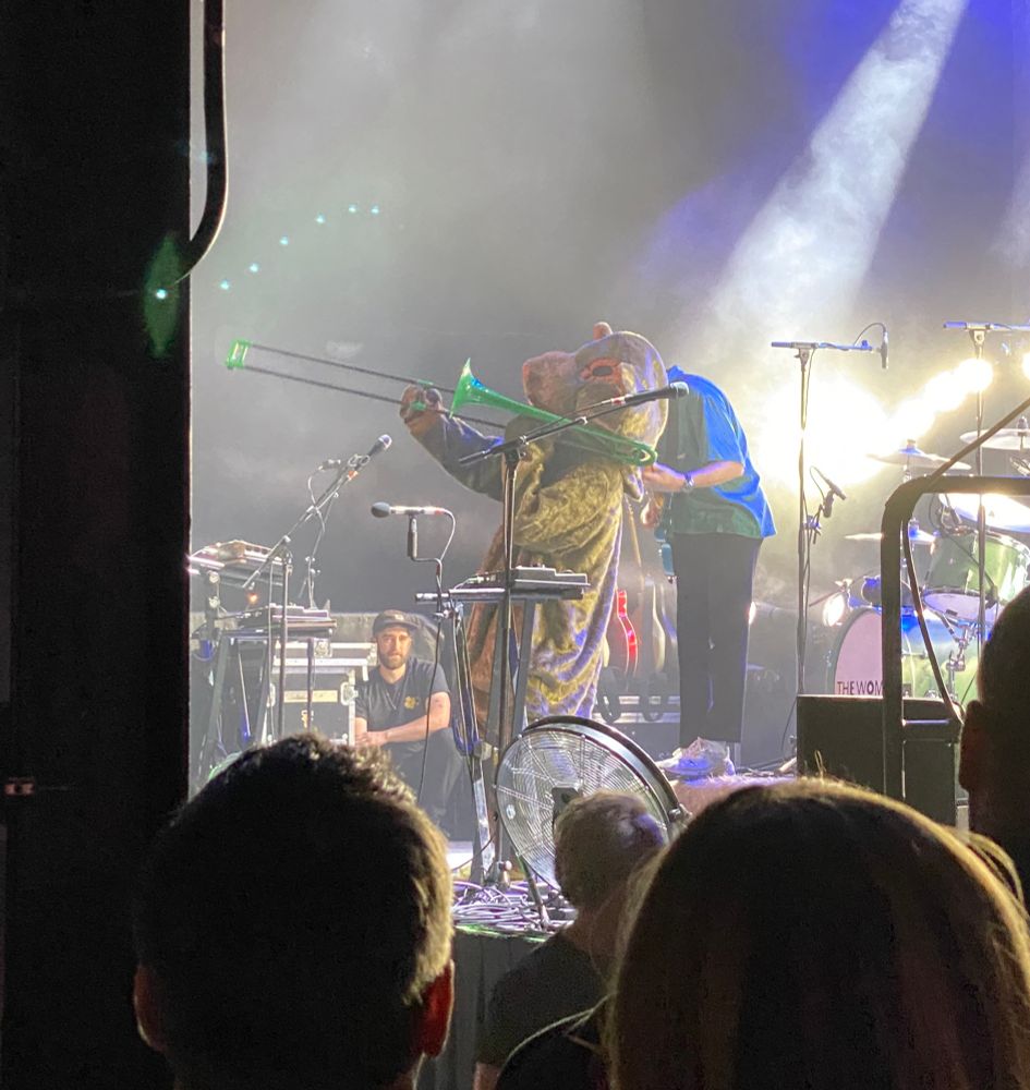 Someone dressed up as a Wombat playing the Trombone.